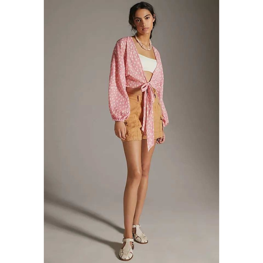 Anthropologie Tie Front Top Womens OS Pink Polka Dot Gauze Balloon Sleeve Boho